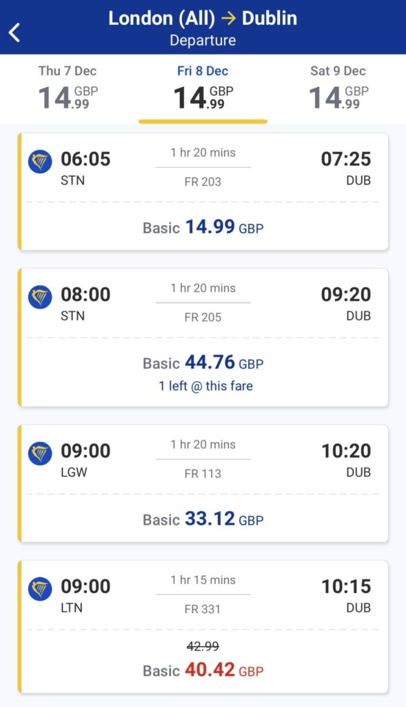 Rozdíly v ceně jednosměrných letenek u společnosti Ryanair na trase Londýn-Dublin.